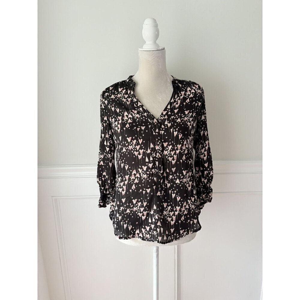 LC Lauren Conrad XS Black & Pink Heart Print Popover Blouse